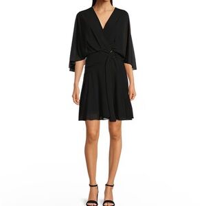 Alex Marie Carissa Chiffon V-Neck 3/4 Flutter Cape Sleeve Belted A-Line Dress